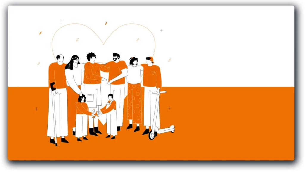 Illustration mit einer Gruppe von Menschen in einer warmen, minimalistischen Ästhetik. Die Farbkombination aus Orange und Weiß betont Gemeinschaft und soziale Verbundenheit.