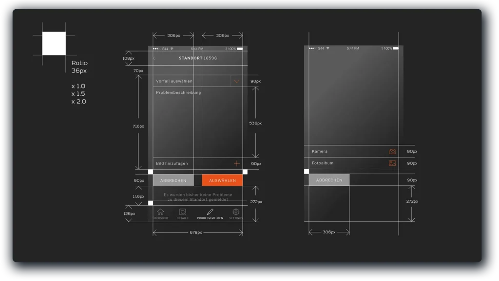 Interfacedesign-Skizze einer mobilen App mit detaillierten Abmessungen und Layout-Spezifikationen. Die Wireframes zeigen eine Benutzeroberfläche mit verschiedenen Eingabefeldern, Schaltflächen und Navigationsoptionen. Markierungen für Pixelmaße, Abstände und Skalierungsverhältnisse (Ratio 36px) verdeutlichen das strukturierte Interface-Design. Der Farbkontrast hebt interaktive Elemente hervor, darunter eine auffällige orangefarbene Schaltfläche ‘AUSWÄHLEN’.