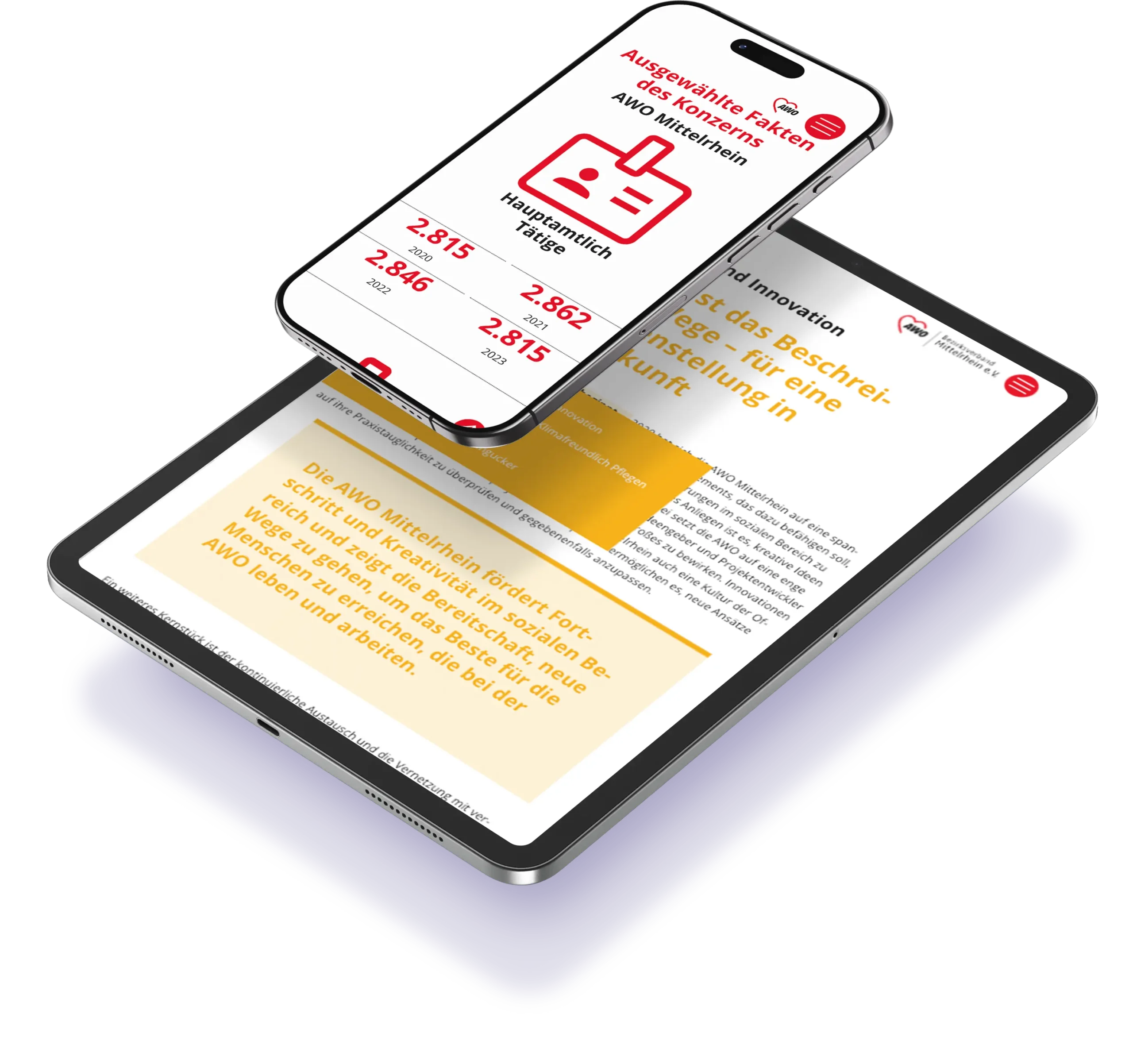 Realistische Abbildung eines Handys, welches über einem Tablet schwebt. Beide Devices zeigen Ansichten des AWO Mittelrhein Geschäftsberichts.